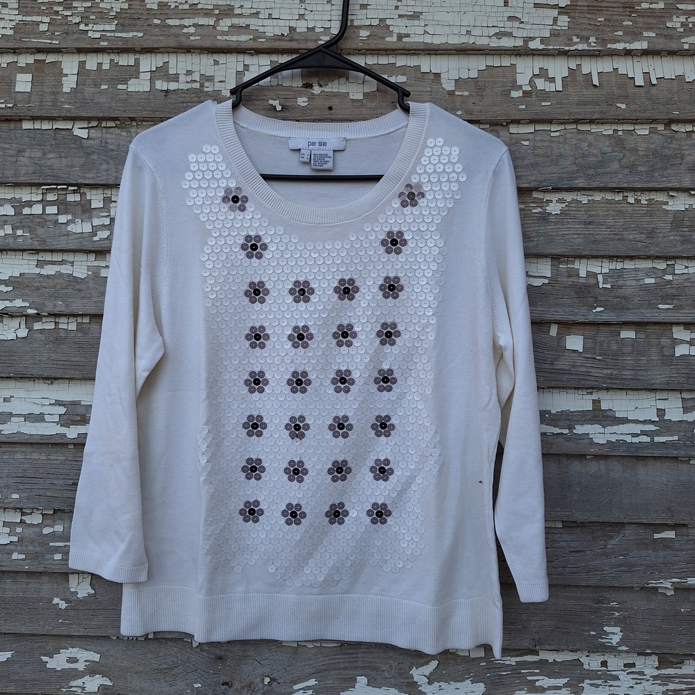 Per Se By Carlisle Cream Sequin Floral-Accent Women's Sweater Top Size Large